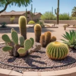 Cactus cluster in a Chandler yard with gravel mulch and drip irrigation