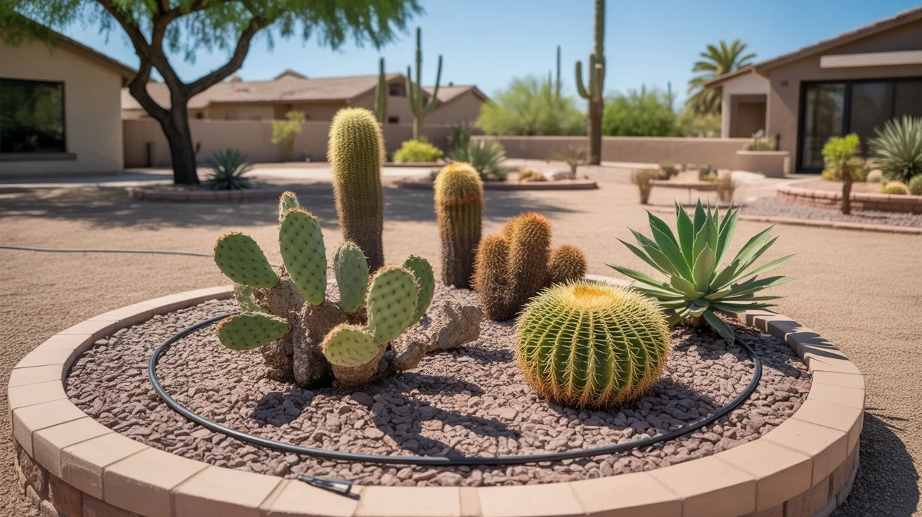 Cactus cluster in a Chandler yard with gravel mulch and drip irrigation