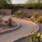 Gravel pathway winding through a xeriscape garden with native desert plants in Chandler, Arizona