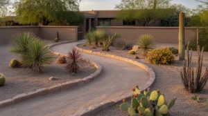 Gravel pathway winding through a xeriscape garden with native desert plants in Chandler, Arizona