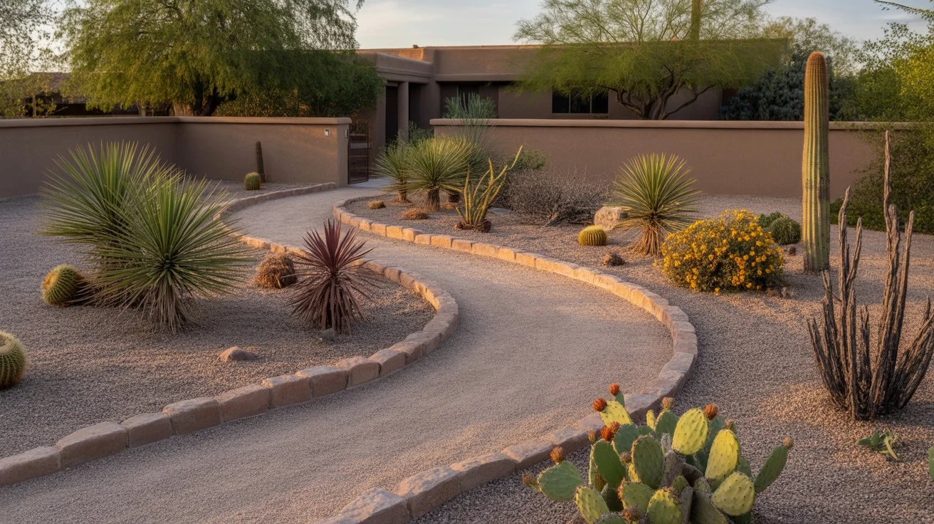 Gravel pathway winding through a xeriscape garden with native desert plants in Chandler, Arizona