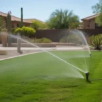 Lush green grass lawn being watered by sprinklers in Chandler during hot July weather