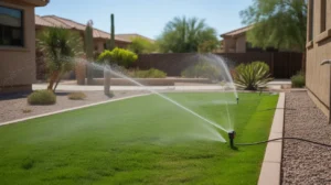 Lush green grass lawn being watered by sprinklers in Chandler during hot July weather