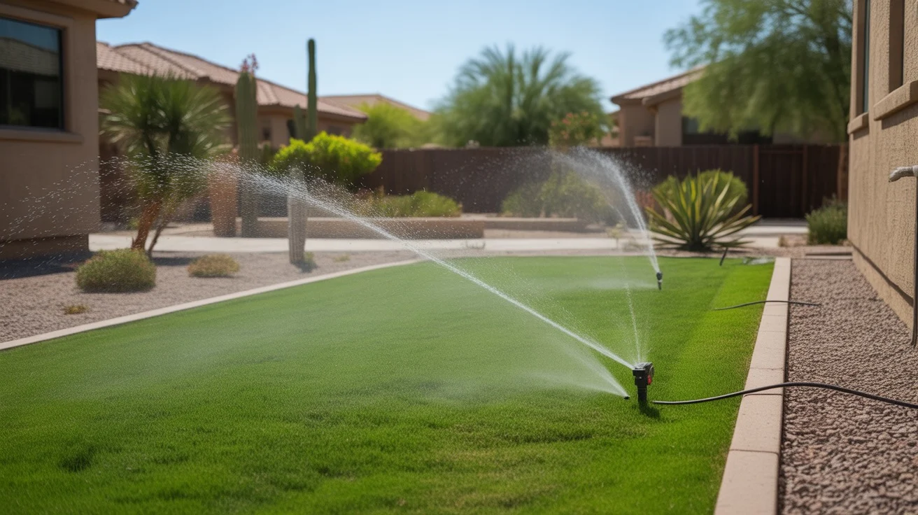 Lush green grass lawn being watered by sprinklers in Chandler during hot July weather