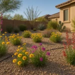 Colorful drought-tolerant spring flowers blooming in a Chandler yard garden with desert landscaping and drip irrigation