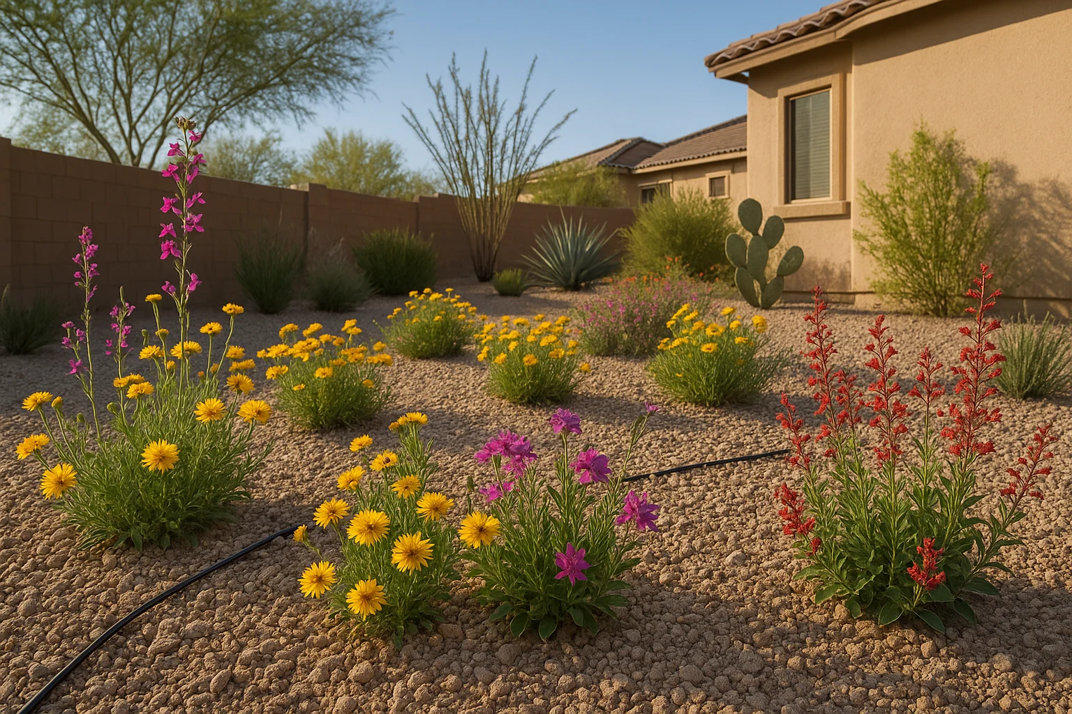 Colorful drought-tolerant spring flowers blooming in a Chandler yard garden with desert landscaping and drip irrigation