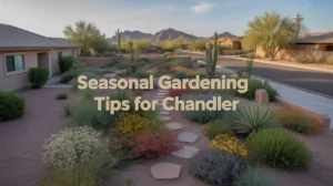 Colorful desert plants thriving in a Chandler garden with text overlay of seasonal gardening tips