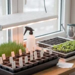 Seed starting setup with trays, grow lights, and labels