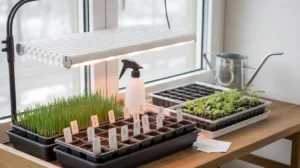 Seed starting setup with trays, grow lights, and labels