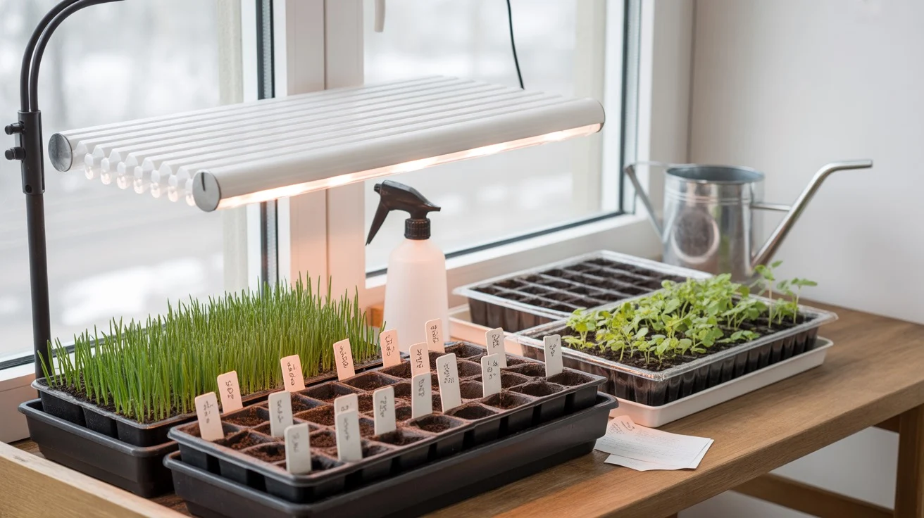 Seed starting setup with trays, grow lights, and labels