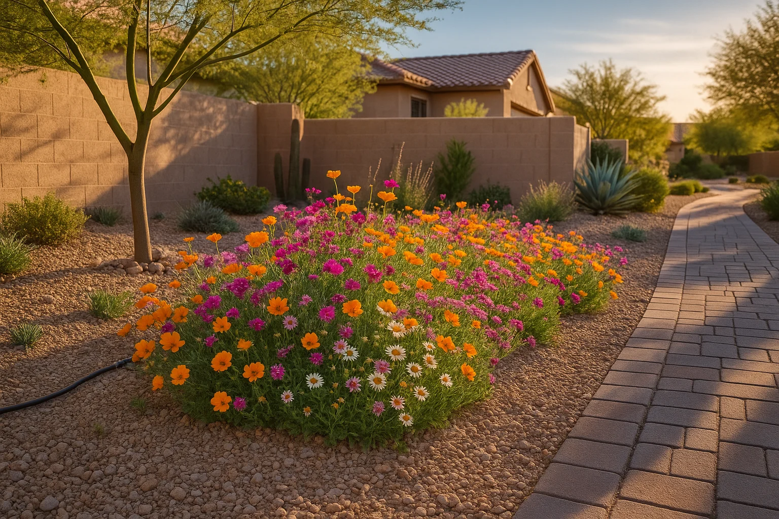 A garden in Chandler blooming with colorful wildflowers in spring