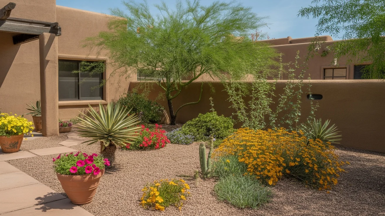 Colorful spring flowers blooming in a Chandler backyard desert garden