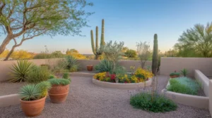 A lush, colorful spring garden in Chandler with blooming flowers and desert plants