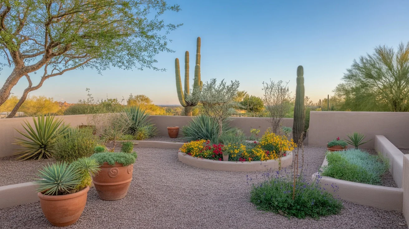 A lush, colorful spring garden in Chandler with blooming flowers and desert plants