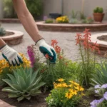 Gardener tending to a colorful spring flower bed in a Chandler backyard