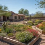 A lush spring garden in Chandler, Arizona with blooming flowers and desert plants
