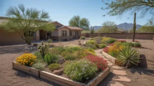 A lush spring garden in Chandler, Arizona with blooming flowers and desert plants