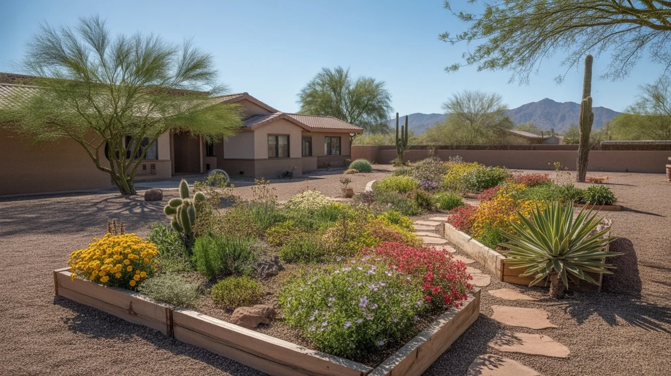 A lush spring garden in Chandler, Arizona with blooming flowers and desert plants