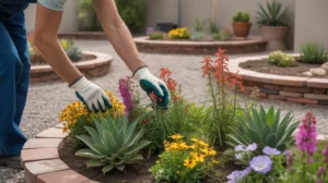 Gardener tending to a colorful spring flower bed in a Chandler backyard