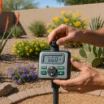 Person programming an irrigation timer for spring watering schedule in a Chandler garden with blooming desert plants