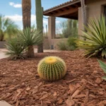 Shredded bark mulch spread around desert plants in a Chandler yard