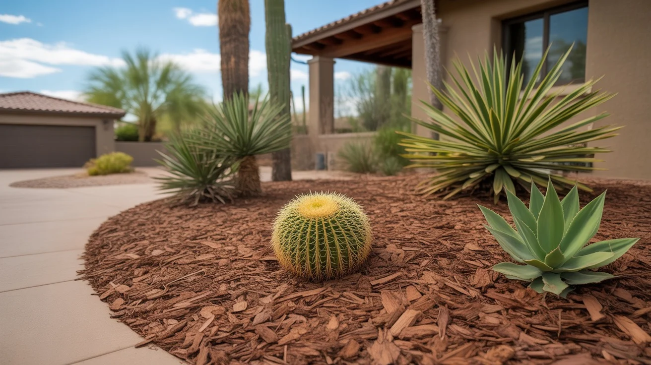 Shredded bark mulch spread around desert plants in a Chandler yard