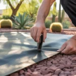 Landscaper installing weed barrier fabric in a Chandler garden bed in spring