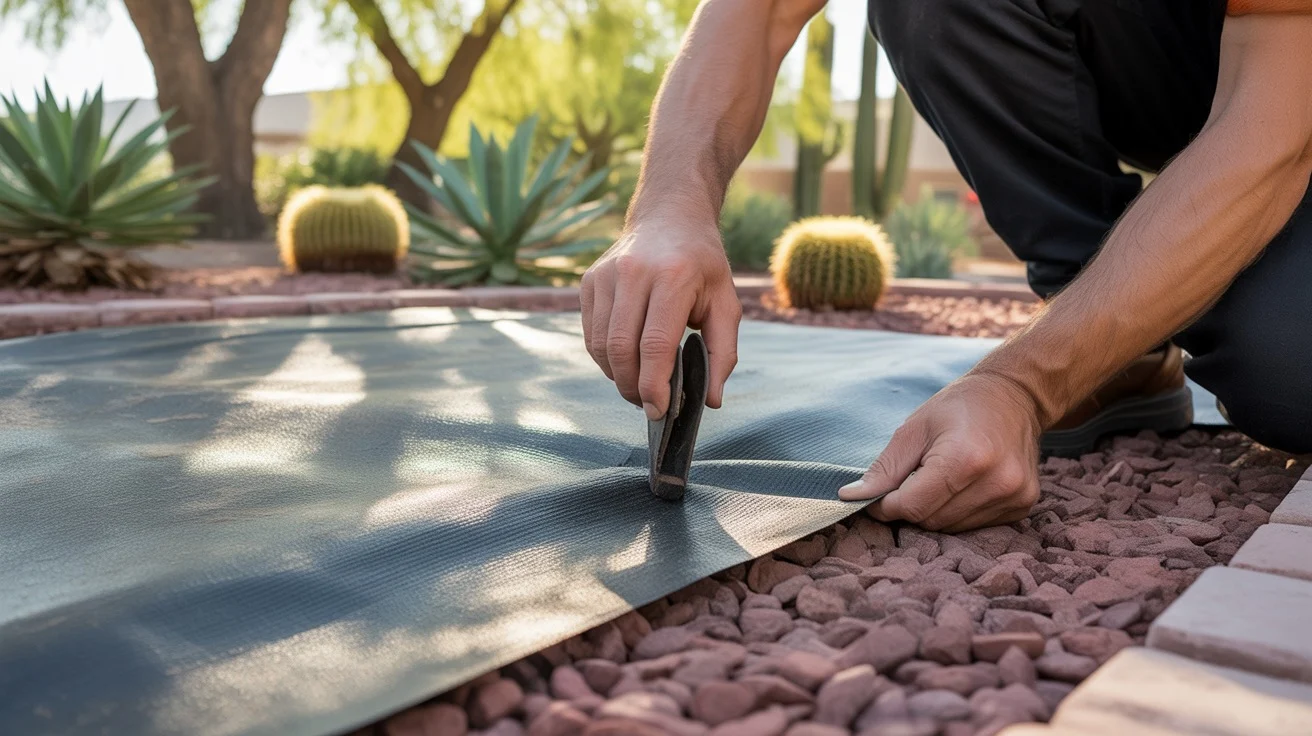 Landscaper installing weed barrier fabric in a Chandler garden bed in spring
