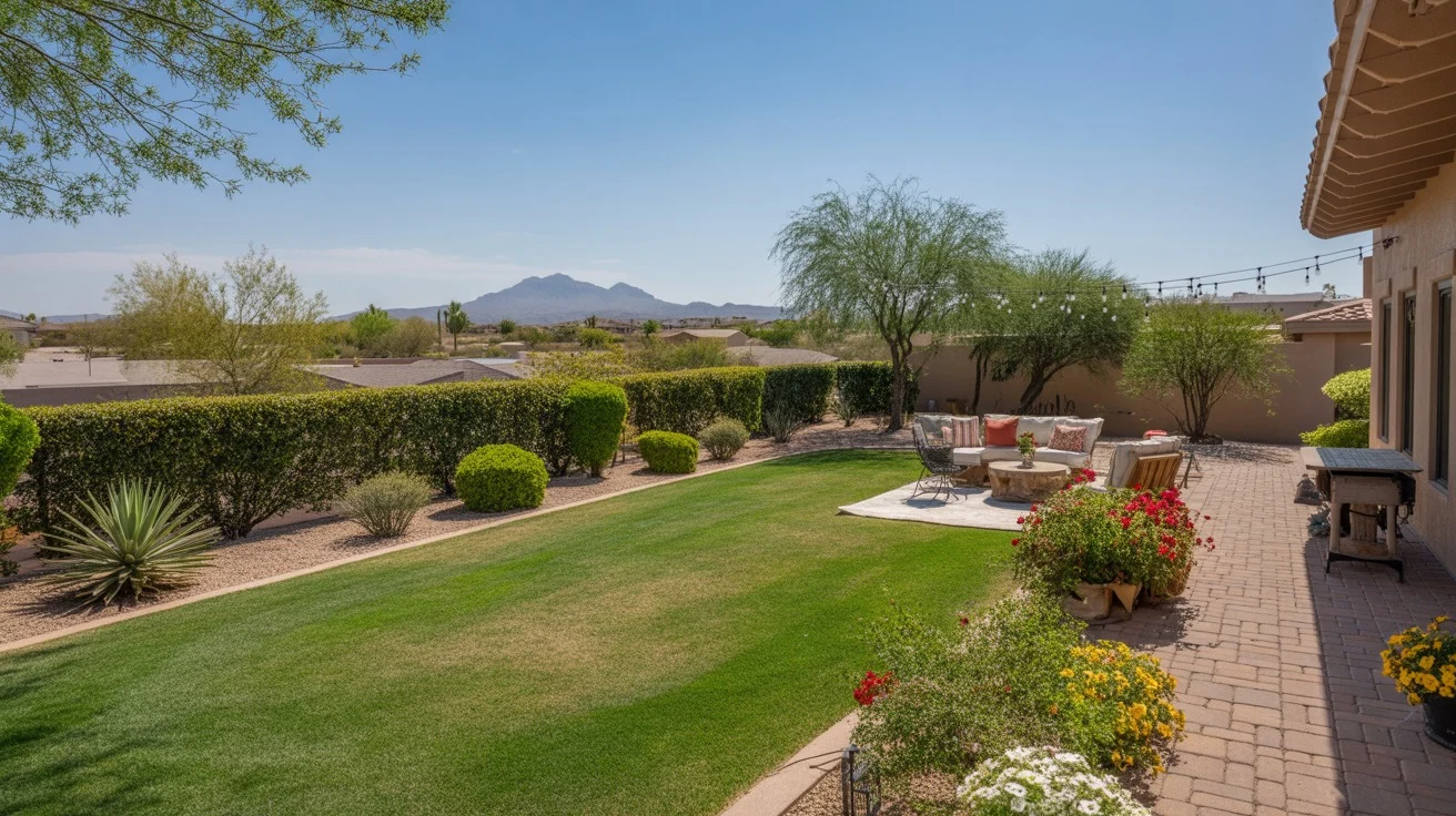 A lush, colorful Chandler yard in the spring with blooming flowers and a green lawn.