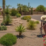 Desert landscaping with drip irrigation in Chandler yard during summer
