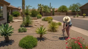 Desert landscaping with drip irrigation in Chandler yard during summer