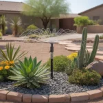 Efficient drip irrigation system watering desert-adapted plants in a Chandler yard