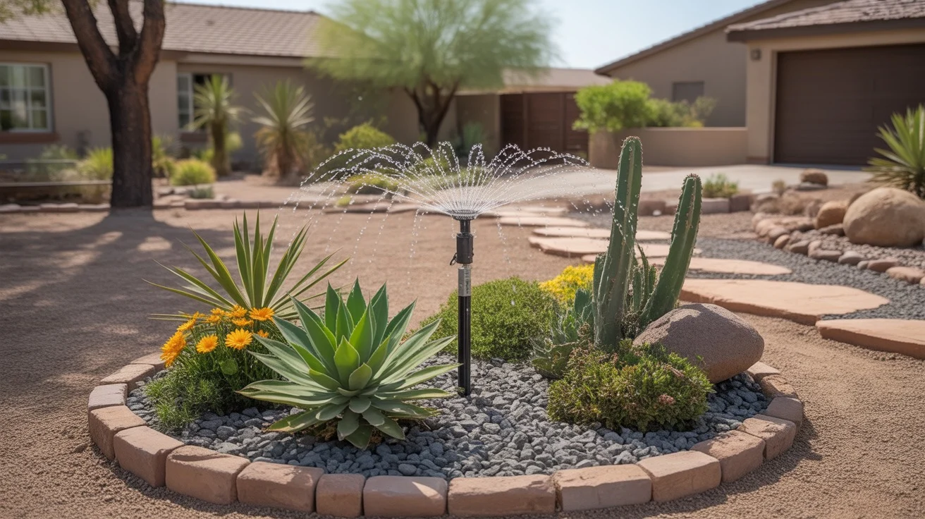 Efficient drip irrigation system watering desert-adapted plants in a Chandler yard