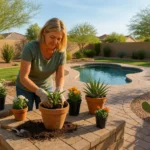 Gardener in Chandler potting plants on a sunny spring day