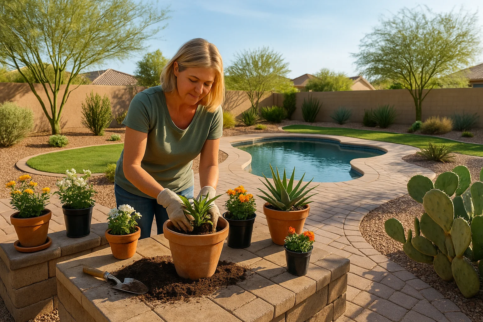 Gardener in Chandler potting plants on a sunny spring day
