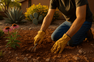 Gardener nurturing clay soil in May