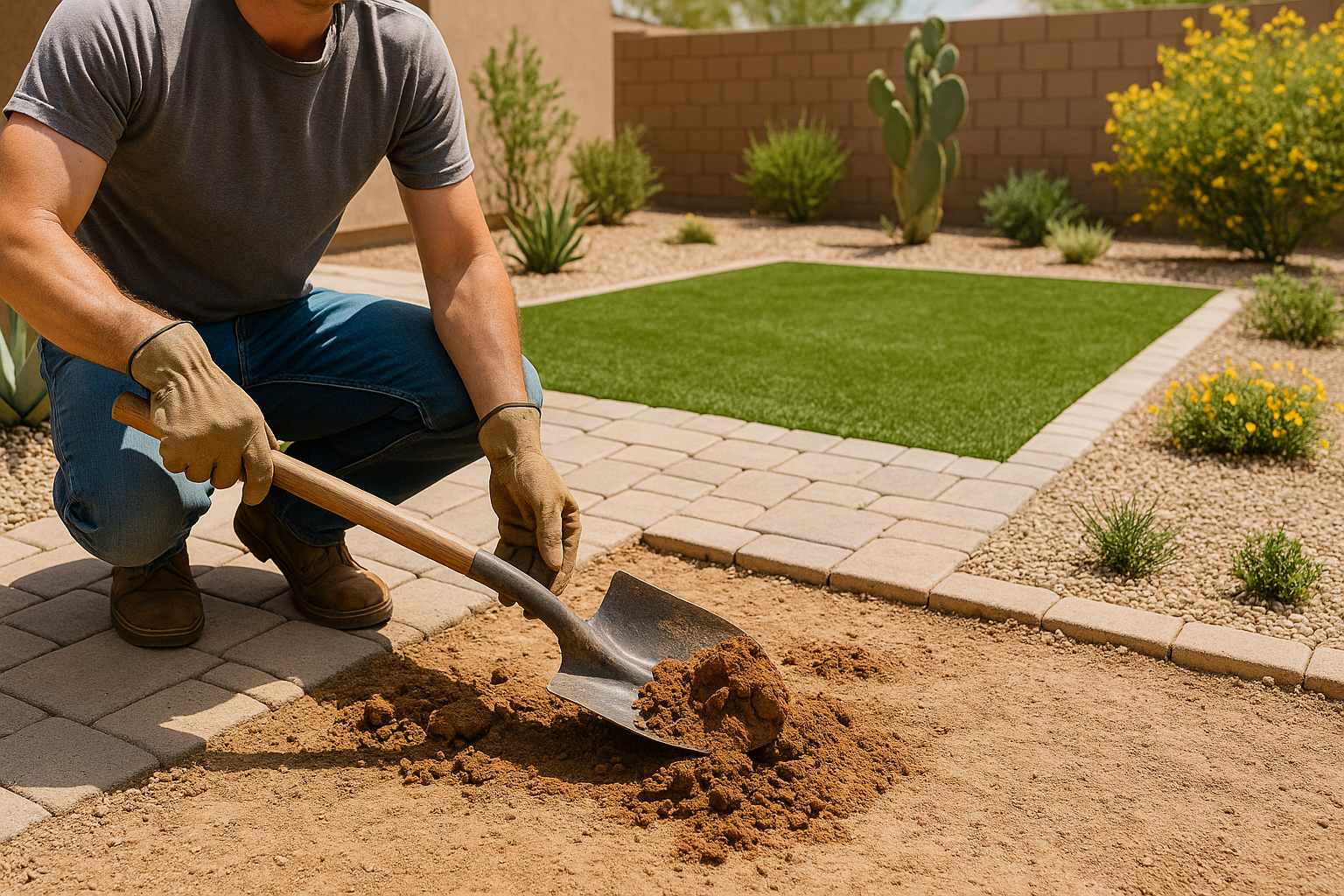 Gardener improving clay soil in Gilbert