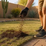 Person applying compost starter to Bermuda grass lawn during spring transition in Southeast Valley