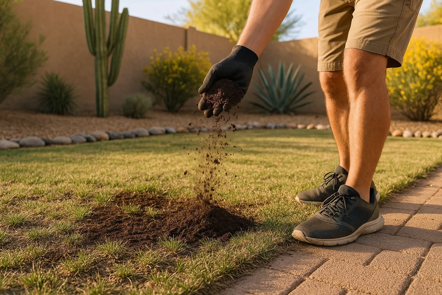 Person applying compost starter to Bermuda grass lawn during spring transition in Southeast Valley