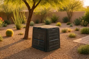 A compost bin shaded under a tree in Gilbert's extreme heat