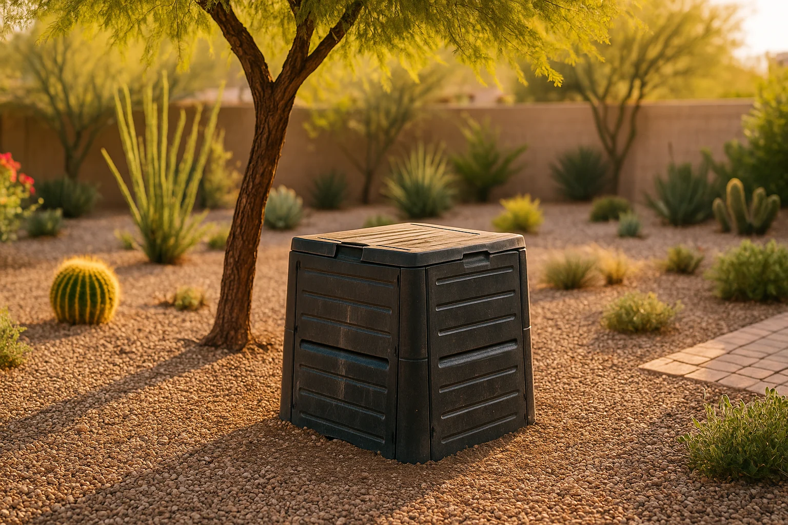 A compost bin shaded under a tree in Gilbert's extreme heat