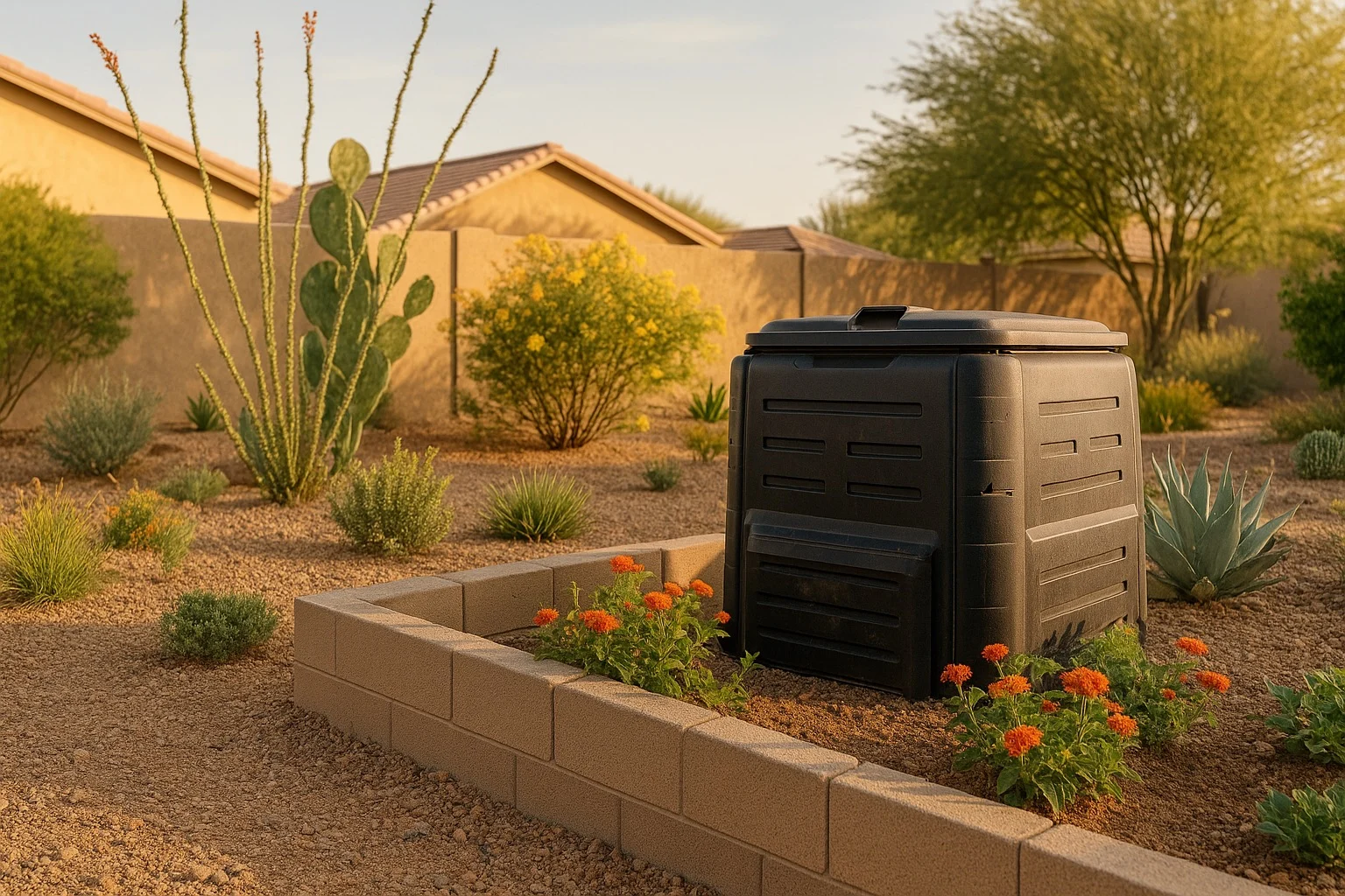 A compost bin in a Gilbert backyard garden