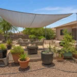 Container plants under shade cloth during a heatwave in a Southeast Valley yard