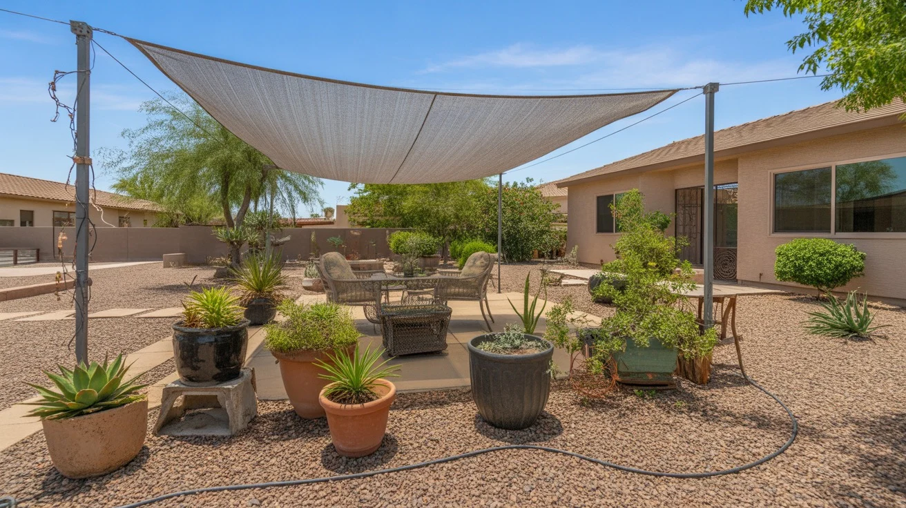 Container plants under shade cloth during a heatwave in a Southeast Valley yard