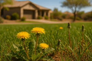 Dandelions, a common cool season weed, in a lawn in Gilbert, Arizona