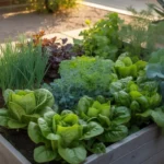 Raised garden bed with lush spring greens and cool-season vegetables in a Southeast Valley backyard