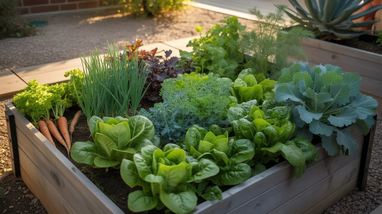 Raised garden bed with lush spring greens and cool-season vegetables in a Southeast Valley backyard