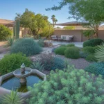 A lush Queen Creek garden featuring cool blue, purple, and green plants, with a small water feature and shaded seating area.