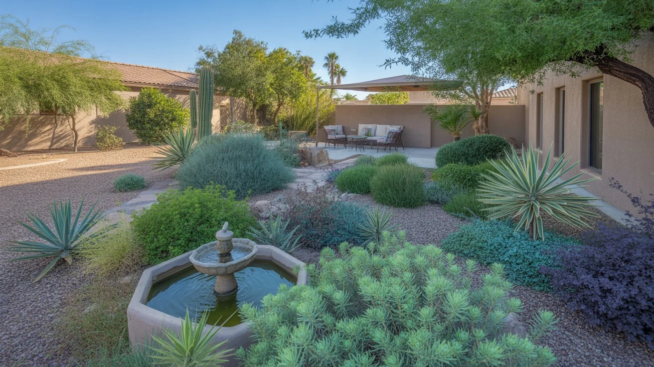 A lush Queen Creek garden featuring cool blue, purple, and green plants, with a small water feature and shaded seating area.