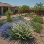 Vibrant blue salvia, white gaura, and purple lavender blooming in a Queen Creek summer garden
